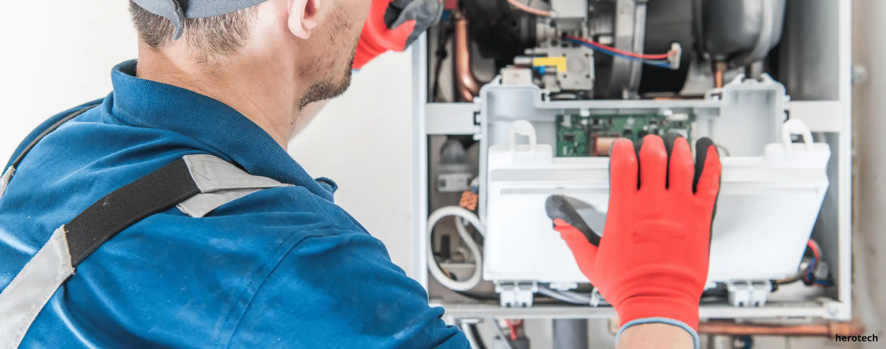 A heating technician installing a new furnace or heater in a residential setting